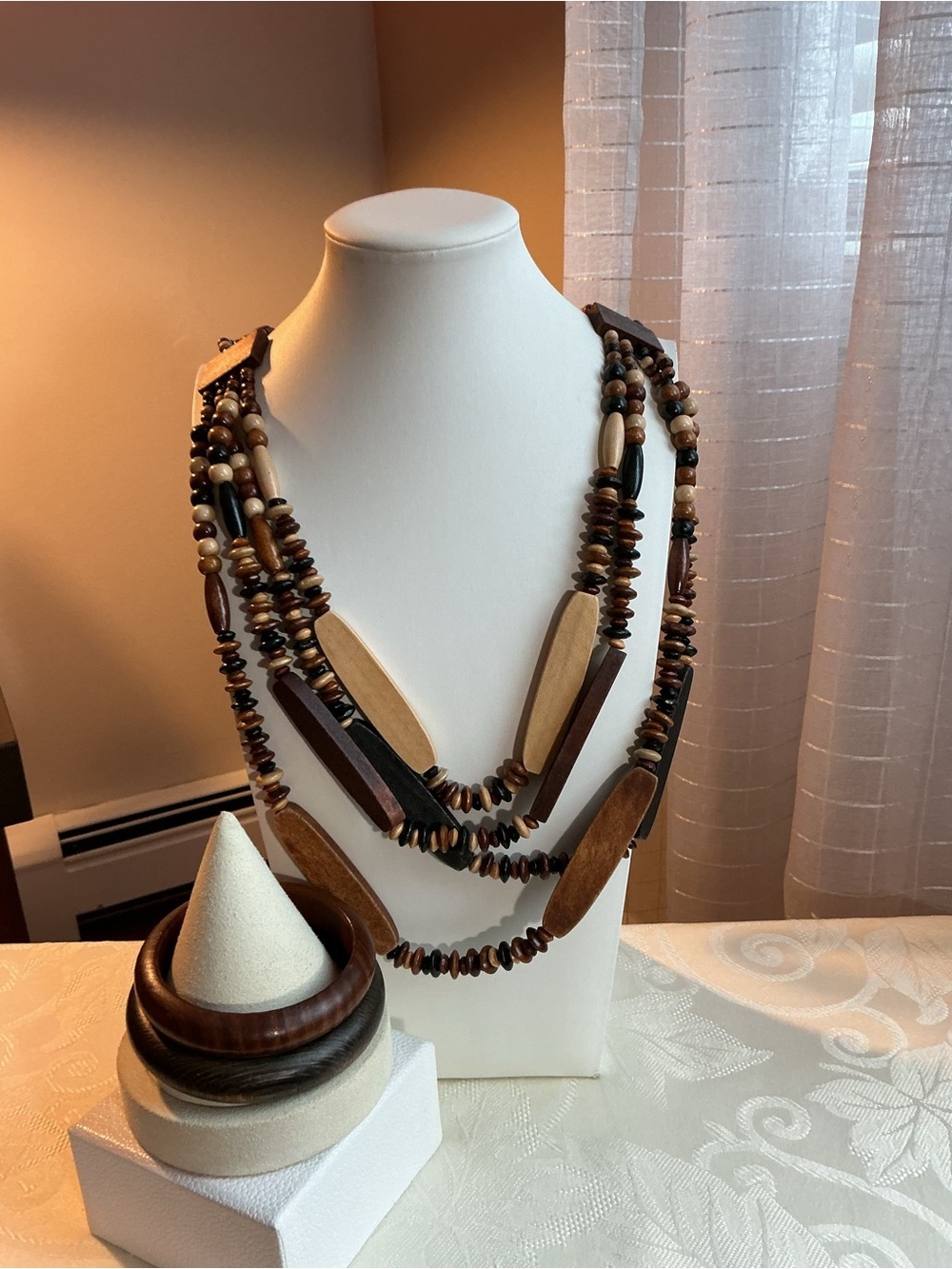 Multi-Strand Wooden Bead Statement Necklace and Wood Bangles